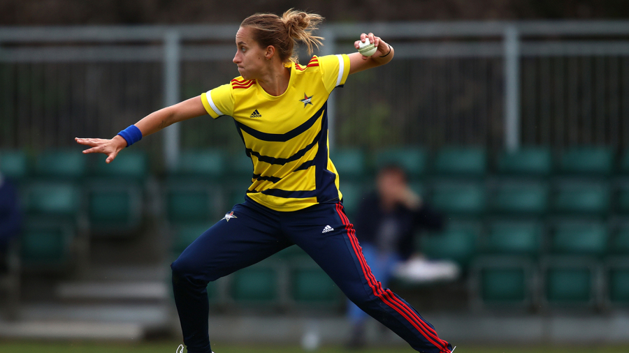 GUILDFORD, ENGLAND - MAY 18: Tash Farrant of South East Stars in action during the Charlotte Edwards Cup match between South East Stars and Central Sparks at Guildford Cricket Club on May 18, 2022 in Guildford, England. (Photo by Ben Hoskins/Getty Images for Surrey CCC)