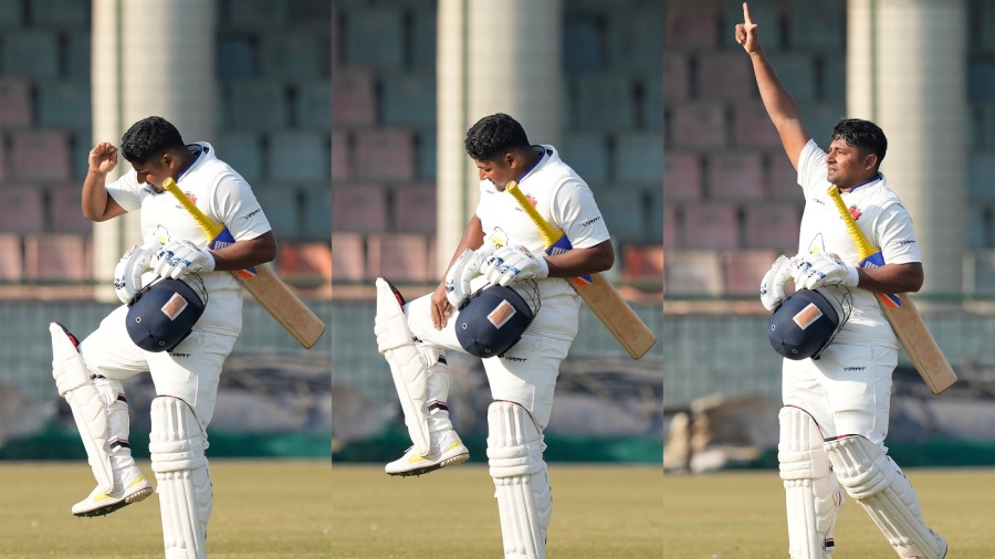 **EDS: COMBO PHOTO** New Delhi: A combination of pictures shows Mumbai player Sarfaraz Khan gesturing after scoring his century on the first day of the Ranji Trophy cricket match against Delhi, in New Delhi, Tuesday, Jan. 17, 2023. (PTI Photo/Manvender Vashist Lav)(PTI01_17_2023_000313B)