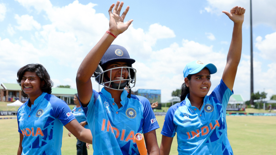 POTCHEFSTROOM, SOUTH AFRICA - JANUARY 27: Shweta Sehrawat of India celebrates with teammates after the ICC Women's U19 T20 World Cup 2023 Semi Final match between India and New Zealand at JB Marks Oval on January 27, 2023 in Potchefstroom, South Africa. (Photo by Nathan Stirk-ICC/ICC via Getty Images)