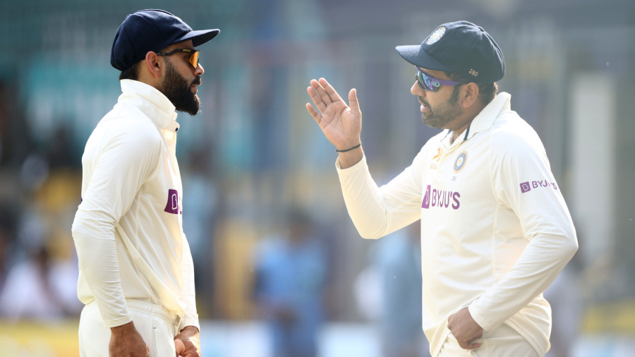 INDORE, INDIA - MARCH 03: Virat Kohli and Rohit Sharma of India are seen during day three of the Third Test match in the series between India and Australia at Holkare Cricket Stadium on March 03, 2023 in Indore, India. (Photo by Robert Cianflone/Getty Images)