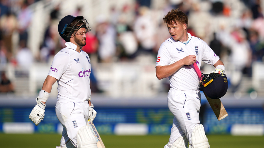 England's Ben Duckett (left) and Ollie Pope walk off at the end of day one of the first LV= Insurance Test match at Lord's, London. Picture date: Thursday June 1, 2023. (Photo by John Walton/PA Images via Getty Images)