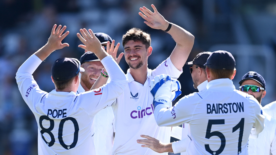 LONDON, ENGLAND - JUNE 02: Josh Tongue of England celebrates with teammates after dismissing Andy Balbirnie of Ireland during day two of the LV= Insurance Test Match between England and Ireland at Lord's Cricket Ground on June 02, 2023 in London, England. (Photo by Gareth Copley/Getty Images)