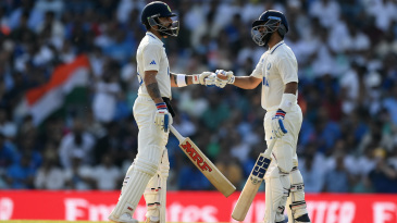 LONDON, ENGLAND - JUNE 10: Virat Kohli and Ajinkya Rahane of India interact during day four of the ICC World Test Championship Final between Australia and India at The Oval on June 10, 2023 in London, England. (Photo by Alex Davidson-ICC/ICC via Getty Images)