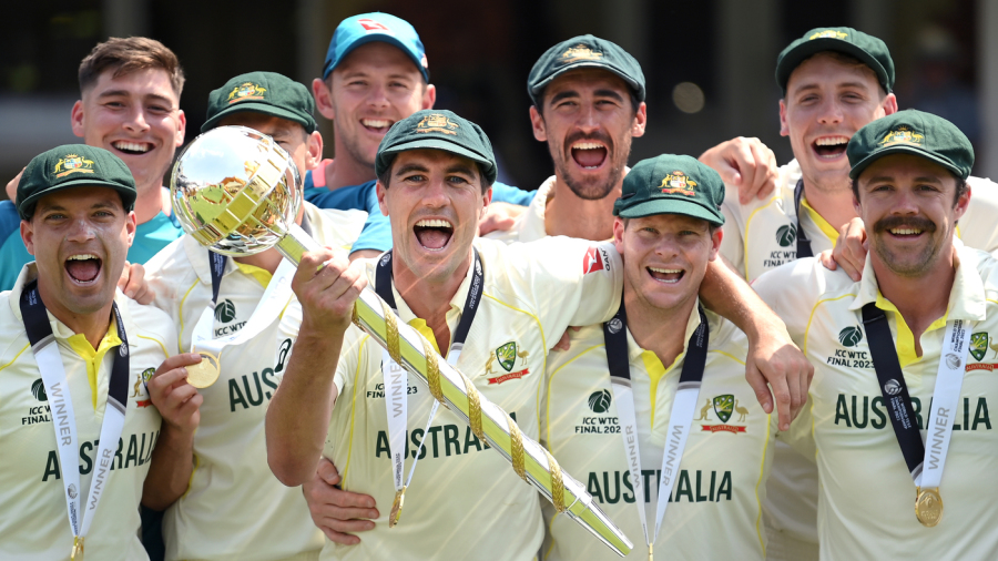 LONDON, ENGLAND - JUNE 11: Pat Cummins of Australia lifts the ICC World Test Championship Mace on day five of the ICC World Test Championship Final between Australia and India at The Oval on June 11, 2023 in London, England. (Photo by Alex Davidson-ICC/ICC via Getty Images)