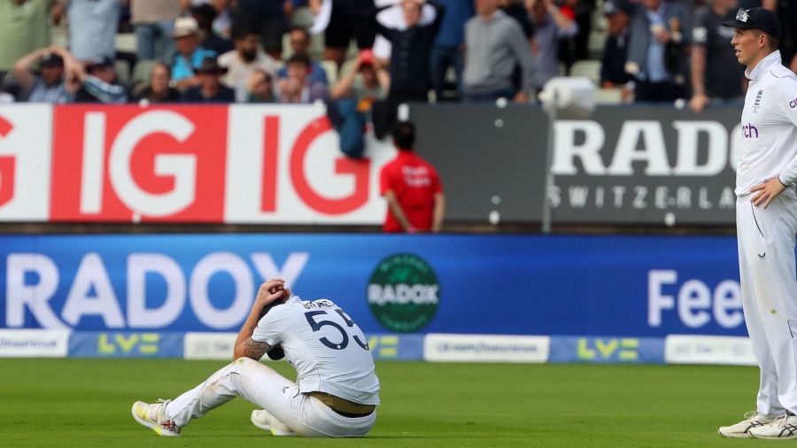 England's captain Ben Stokes (L) reacts after dropping a catch from a ball hit by Australia's Nathan Lyon (unseen) on day five of the first Ashes cricket Test match between England and Australia at Edgbaston in Birmingham, central England on June 20, 2023. (Photo by Geoff Caddick / AFP) / RESTRICTED TO EDITORIAL USE. NO ASSOCIATION WITH DIRECT COMPETITOR OF SPONSOR, PARTNER, OR SUPPLIER OF THE ECB (Photo by GEOFF CADDICK/AFP via Getty Images)