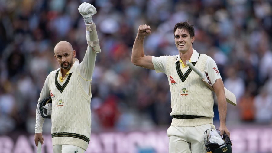 BIRMINGHAM, ENGLAND - JUNE 20: Pat Cummins of Australia celebrates with his batting partner Nathan Lyon after hitting the winning runs during Day Five of the LV= Insurance Ashes 1st Test match between England and Australia at Edgbaston on June 20, 2023 in Birmingham, England. (Photo by Visionhaus/Getty Images)