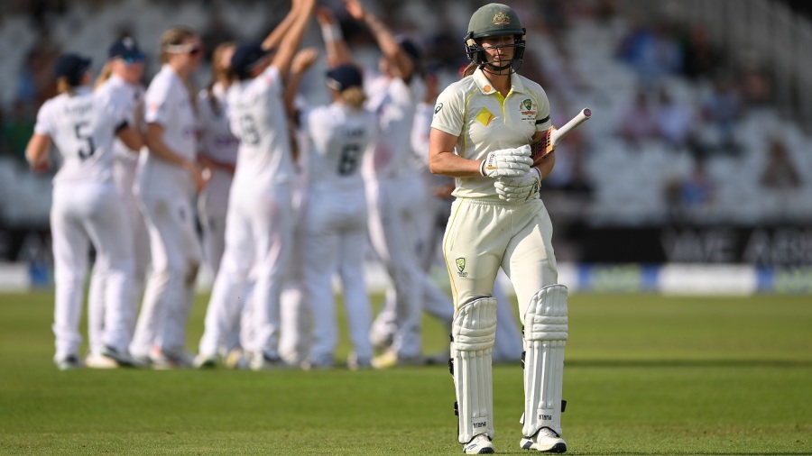 NOTTINGHAM, ENGLAND - JUNE 22:  Australia batter Ellyse Perry reacts after being dismissed for 99 runs during day one of the LV= Insurance Women's Ashes Test match between England and Australia at Trent Bridge on June 22, 2023 in Nottingham, England. (Photo by Stu Forster/Getty Images)