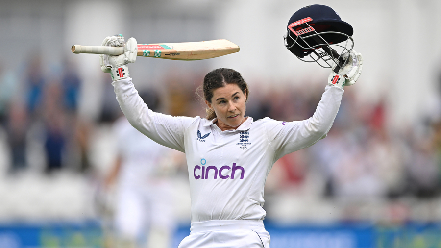 NOTTINGHAM, ENGLAND - JUNE 23: England batter Tammy Beaumont celebrates her century during day two of the LV= Insurance Women's Ashes Test match between England and Australia at Trent Bridge on June 23, 2023 in Nottingham, England. (Photo by Stu Forster/Getty Images)