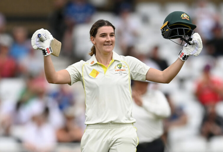 NOTTINGHAM, ENGLAND - JUNE 23: Annabel Sutherland of Australia celebrates reaching her century during day two of the LV= Insurance Women's Ashes Test match between England and Australia at Trent Bridge on June 23, 2023 in Nottingham, England. (Photo by Gareth Copley/Getty Images)