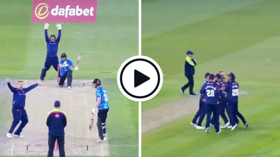 Watch: Simon Harmer takes T20 Blast hat-trick with his first three deliveries, including wicket of Shadab Khan