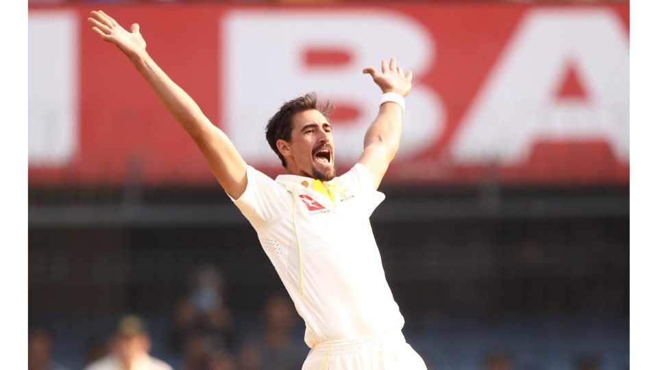 INDORE, INDIA - MARCH 01: Mitchell Starc of Australia appeals unsuccessfully for the wicket of Rohit Sharma of India during day one of the Third Test match in the series between India and Australia at Holkare Cricket Stadium on March 01, 2023 in Indore, India. (Photo by Robert Cianflone/Getty Images)