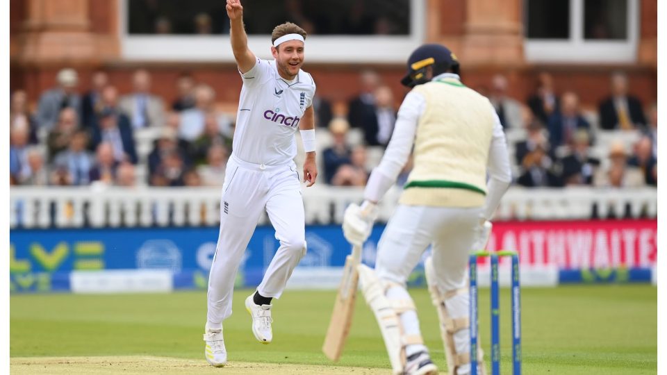 LONDON, ENGLAND - JUNE 01: Stuart Broad of England celebrates taking the wicket of Peter Moor of Ireland during Day One of the LV= Insurance Test Match between England and Ireland at Lord's Cricket Ground on June 01, 2023 in London, England. (Photo by Alex Davidson/Getty Images)
