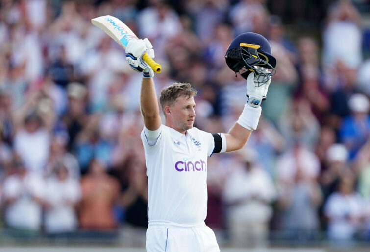 England's Joe Root celebrates reaching his century on day one of the first Ashes test match at Edgbaston, Birmingham. Picture date: Friday June 16, 2023. (Photo by Mike Egerton/PA Images via Getty Images)