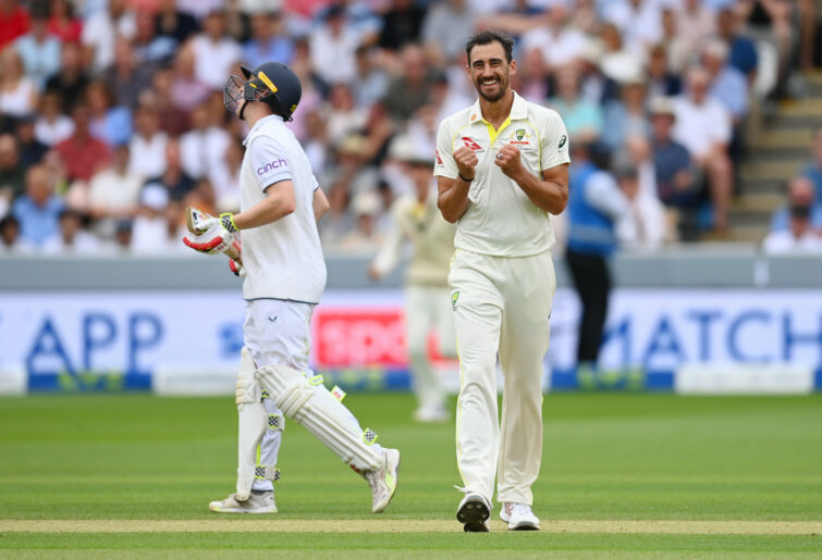 LONDON, ENGLAND - JUNE 30: Mitchell Starc of Australia celebrates after dismissing Harry Brook of England during Day Three of the LV= Insurance Ashes 2nd Test match between England and Australia at Lord's Cricket Ground on June 30, 2023 in London, England. (Photo by Gareth Copley - ECB/ECB via Getty Images)