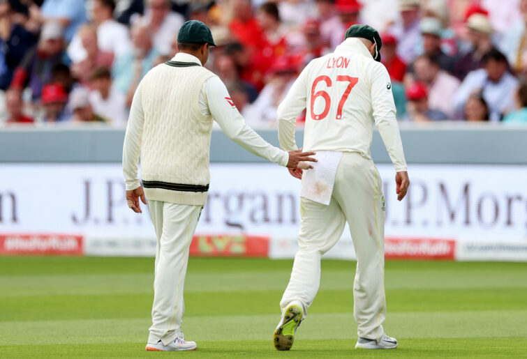 LONDON, ENGLAND - JUNE 29: Nathan Lyon of Australia leaves the field injured during Day Two of the LV= Insurance Ashes 2nd Test match between England and Australia at Lord's Cricket Ground on June 29, 2023 in London, England. (Photo by Ryan Pierse/Getty Images)
