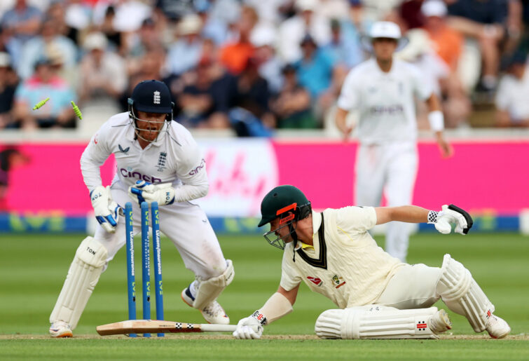 LONDON, ENGLAND - JUNE 28: Jonny Barstow of England stumps Travis Head of Australia during Day One of the LV= Insurance Ashes 2nd Test match between England and Australia at Lord's Cricket Ground on June 28, 2023 in London, England. (Photo by Ryan Pierse/Getty Images)