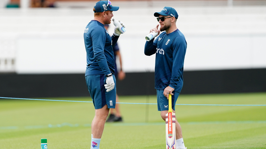 England's Jonny Bairstow and head coach Brendon McCullum during a nets session at Lord's Cricket Ground, London. Picture date: Tuesday June 27, 2023. (Photo by Mike Egerton/PA Images via Getty Images)