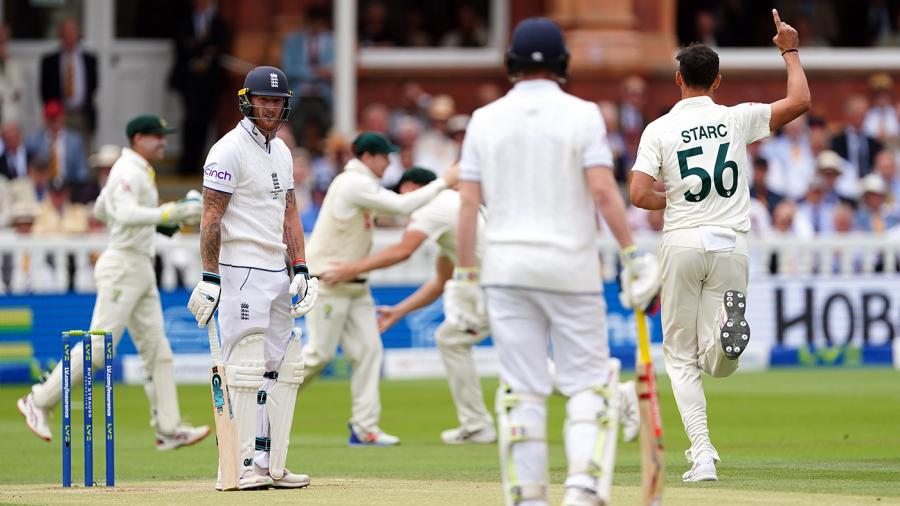 Australia's Mitchell Starc (right) celebrates the wicket of England's Ben Stokes (second left) during day three of the second Ashes test match at Lord's, London. Picture date: Friday June 30, 2023. (Photo by Mike Egerton/PA Images via Getty Images)