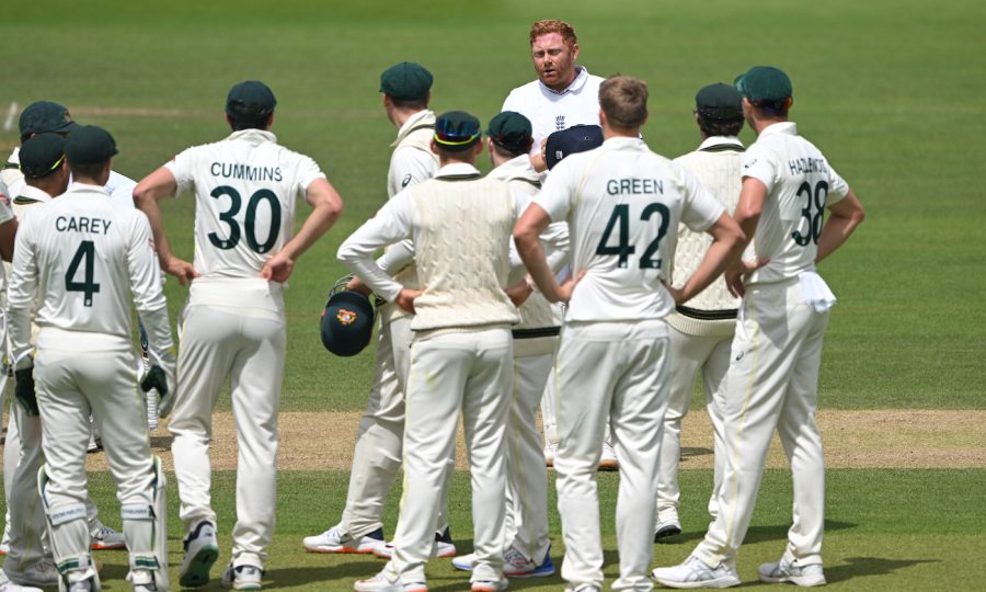 LONDON, ENGLAND - JULY 02: England batsman Jonny Bairstow speaks to the Australia fielders after being given out, stumped by Alex Carey after leaving his crease during the 5th day of the LV=Insurance Ashes Test Match at Lord's Cricket Ground on July 02, 2023 in London, England. (Photo by Stu Forster/Getty Images)