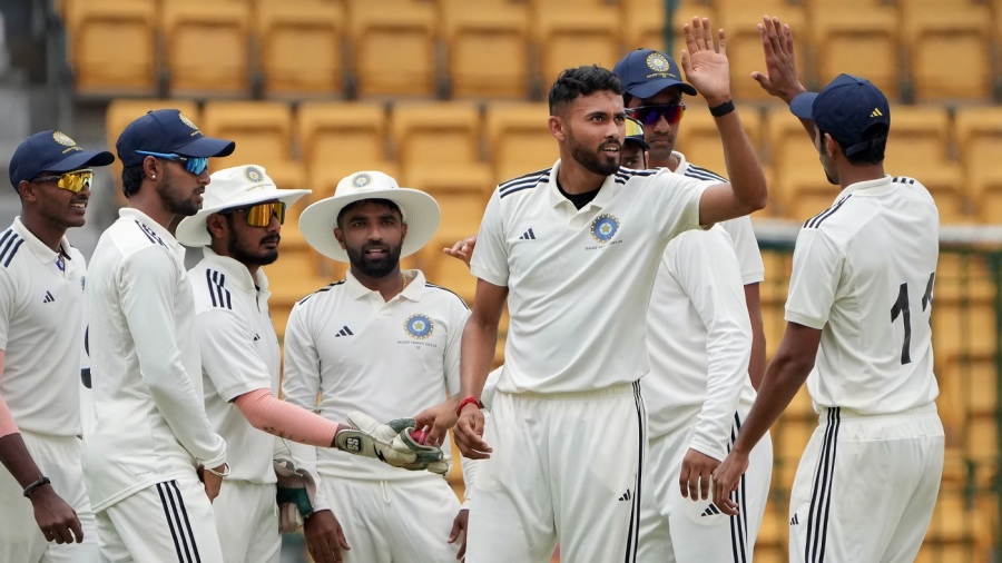 Bengaluru: South Zone bowler Vidhwath Kaverappa celebrates with teammates after the wicket of North Zone batter Jayant Yadav during the first day of the Duleep Trophy semi-final match between South Zone and North Zone, at Chinnaswamy Stadium in Bengaluru, Wednesday, July 5, 2023. (PTI Photo/Shailendra Bhojak)(PTI07_05_2023_000120B)