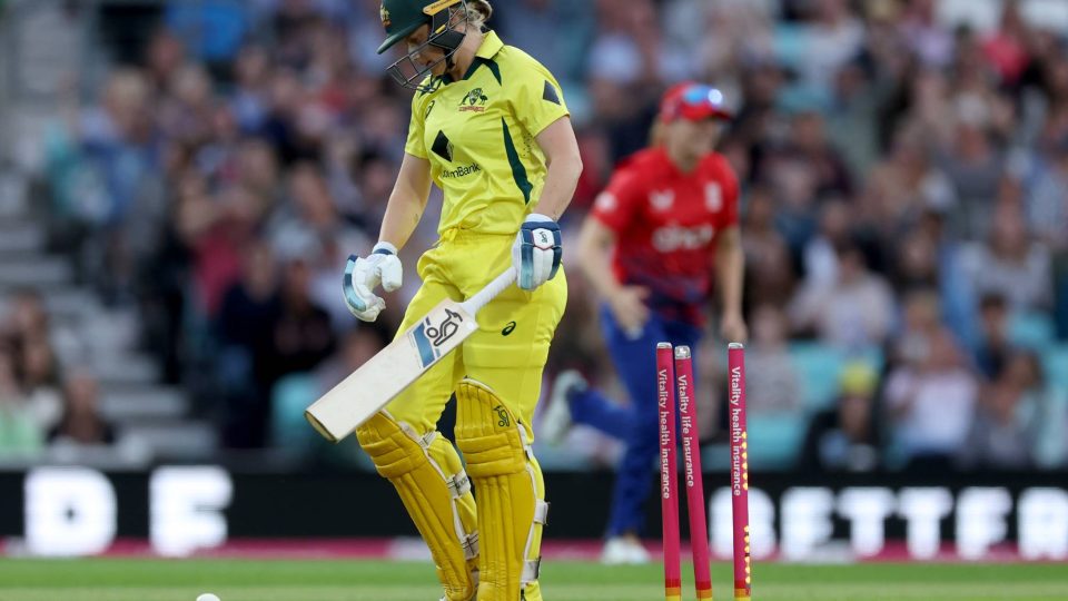 Australia's Alyssa Healy reacts after being dismissed during the second Vitality IT20 match at The Kia Oval, London. Picture date: Wednesday July 7, 2023. (Photo by Steven Paston/PA Images via Getty Images)