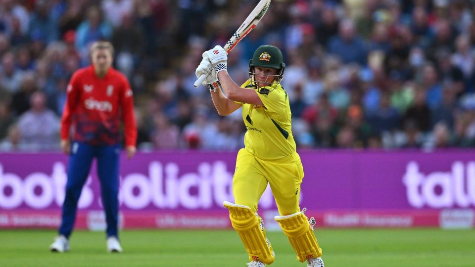 BIRMINGHAM, ENGLAND - JULY 01: Beth Mooney of Australia bats during the Women's Ashes 1st Vitality IT20 match between England and Australia at Edgbaston on July 01, 2023 in Birmingham, England. (Photo by Dan Mullan/Getty Images)