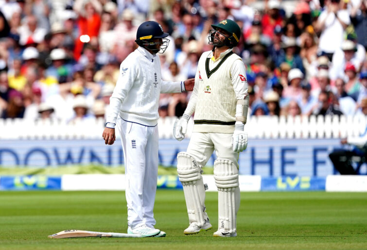 Australia's Nathan Lyon (right) during day four of the second Ashes test match at Lord's, London. Picture date: Saturday July 1, 2023. (Photo by Mike Egerton/PA Images via Getty Images)