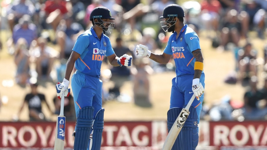 MOUNT MAUNGANUI, NEW ZEALAND - FEBRUARY 11: Shreyas Iyer and Lokesh Rahul of India celebrate their fifty run partnership during game three of the One Day International Series between New Zealand and India at Bay Oval on February 11, 2020 in Mount Maunganui, New Zealand. (Photo by Hannah Peters/Getty Images)
