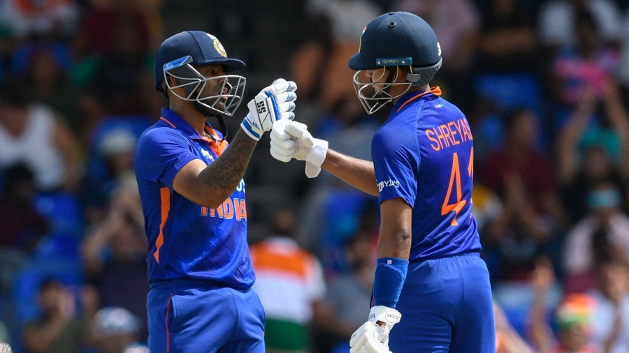 Suryakumar Yadav (L) and Shreyas Iyer (R), of India, partnership during the third T20I match between West Indies and India at Warner Park in Basseterre, Saint Kitts and Nevis, on August 2, 2022. (Photo by Randy Brooks / AFP) (Photo by RANDY BROOKS/AFP via Getty Images)