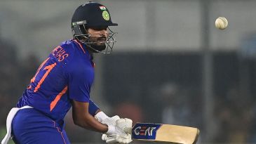 India's Shreyas Iyer plays a shot during the second one-day international (ODI) cricket match between Bangladesh and India at the Sher-e-Bangla National Cricket Stadium in Dhaka on December 7, 2022. (Photo by Munir uz ZAMAN / AFP) (Photo by MUNIR UZ ZAMAN/AFP via Getty Images)