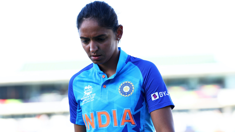 CAPE TOWN, SOUTH AFRICA - FEBRUARY 23: Harmanpreet Kaur of India cuts a dejected figure following the ICC Women's T20 World Cup Semi Final match between Australia and India at Newlands Stadium on February 23, 2023 in Cape Town, South Africa. (Photo by Matthew Lewis-ICC/ICC via Getty Images)