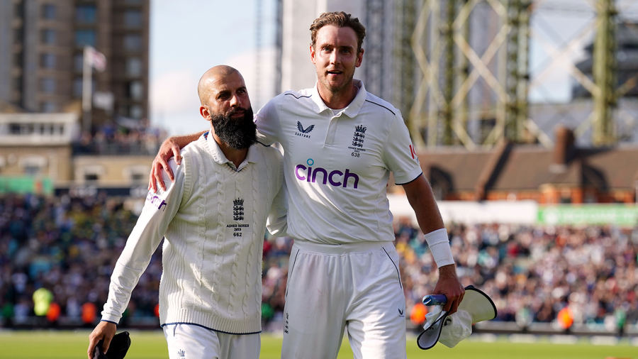 Retiring player England's Stuart Broad and team-mate Moeen Ali who is also believed to be retiring after the match walk off the pitch together for the last time after winning the fifth LV= Insurance Ashes Series test match at The Kia Oval, London. Picture date: Monday July 31, 2023. (Photo by Mike Egerton/PA Images via Getty Images)
