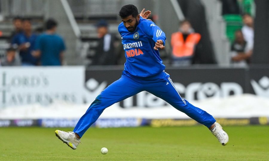 Dublin , Ireland - 18 August 2023; Jasprit Bumrah of India fields the ball during match one of the Men's T20 International series between Ireland and India at Malahide Cricket Ground in Dublin. (Photo By Seb Daly/Sportsfile via Getty Images)