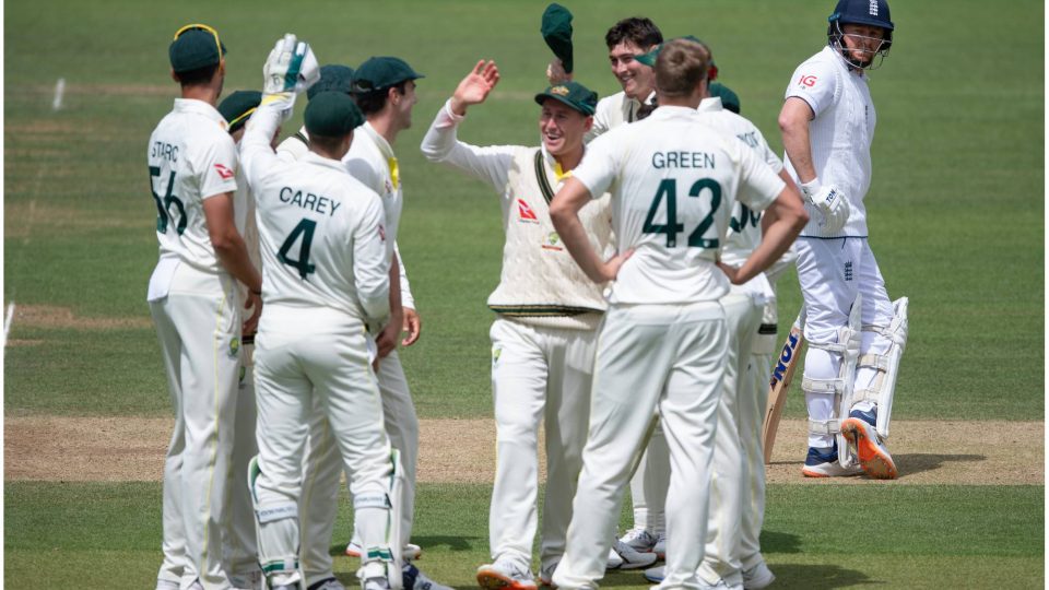 LONDON, ENGLAND - JULY 02:  Australia players celebrate after Alex Carey of Australia stumps England's Jonny Bairstow during the 5th day of the LV=Insurance Ashes Test Match at Lord's Cricket Ground on July 02, 2023 in London, England. (Photo by Visionhaus/Getty Images)