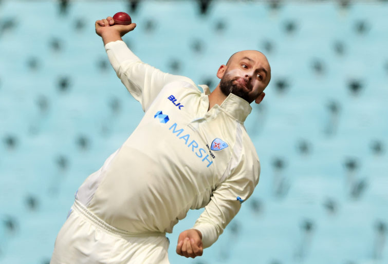 SYDNEY, AUSTRALIA - FEBRUARY 18: Nathan Lyon of the Blues bowls during day two of the Sheffield Shield match between New South Wales and Victoria at Sydney Cricket Ground on February 18, 2021 in Sydney, Australia. (Photo by Mark Evans/Getty Images)