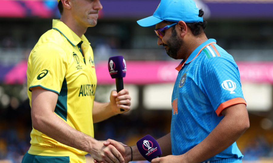 CHENNAI, INDIA - OCTOBER 08: Pat Cummins (L) of Australia and Rohit Sharma of India shake hands prior to the ICC Men's Cricket World Cup India 2023 between India and Australia at MA Chidambaram Stadium on October 08, 2023 in Chennai, India. (Photo by Matthew Lewis-ICC/ICC via Getty Images)