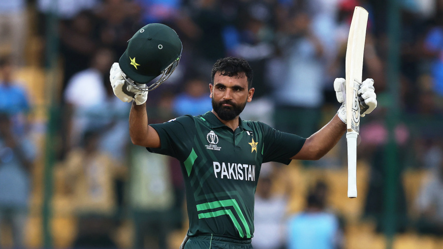 BANGALORE, INDIA - NOVEMBER 04: Fakhar Zaman of Pakistan celebrates their century during the ICC Men's Cricket World Cup India 2023 between New Zealand and Pakistan at M. Chinnaswamy Stadium on November 04, 2023 in Bangalore, India. (Photo by Matthew Lewis-ICC/ICC via Getty Images)
