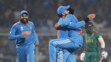 KOLKATA, INDIA - NOVEMBER 05: Ravi Jadeja of India celebrates the wicket of Temba Bavuma of South Africa with team mate Virat Kohli during the ICC Men's Cricket World Cup India 2023 between India and South Africa at Eden Gardens on November 05, 2023 in Kolkata, India. (Photo by Surjeet Yadav/Getty Images)