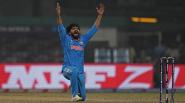 India's Ravindra Jadeja appeals unsuccessfully for the wicket of South Africa's Marco Jansen during the ICC Men's Cricket World Cup match between India and South Africa in Kolkata, India, Sunday, Nov. 5, 2023. (AP Photo/Altaf Qadri)