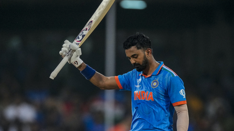 India's KL Rahul celebrates his century during the ICC Men's Cricket World Cup match between India and Netherlands in Bengaluru, India, Sunday, Nov. 12, 2023. (AP Photo/Anupam Nath)