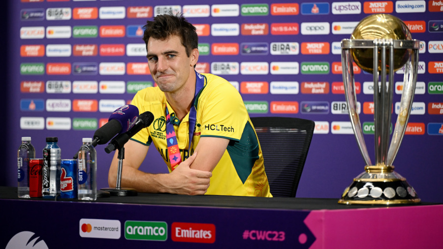 AHMEDABAD, INDIA - NOVEMBER 19: Pat Cummins of Australia looks on as he is interviewed following the ICC Men's Cricket World Cup India 2023 Final between India and Australia at Narendra Modi Stadium on November 19, 2023 in Ahmedabad, India. (Photo by Matt Roberts-ICC/ICC via Getty Images)