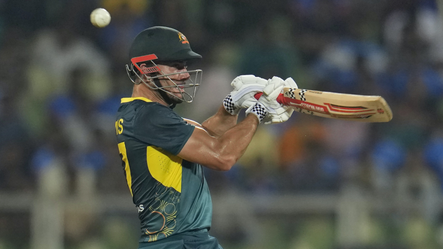 Australia's Marcus Stoinis bats during the second T20 cricket match between India and Australia in Thiruvananthapuram, India, Sunday, Nov. 26, 2023. (AP Photo/Aijaz Rahi)